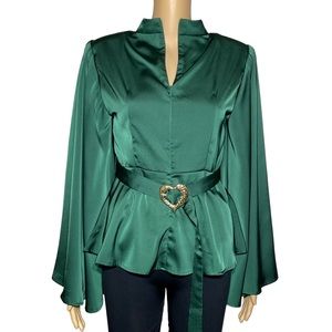 shein blouse women M Large Sleeve Green